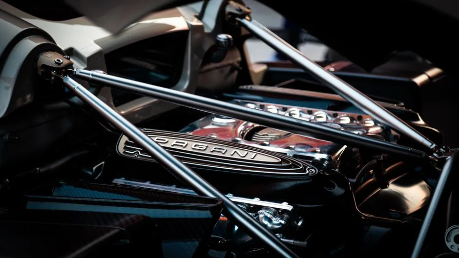 Close-up view of the Polaris Slingshot's engine and chassis components